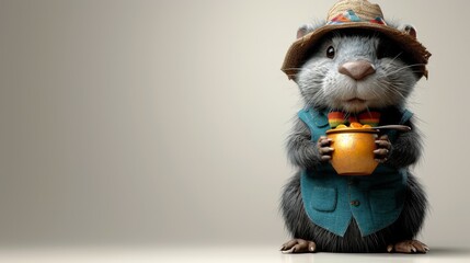  A small mammal wearing a suit, hat, and carrying a cup of tea with a teapot in hand - obrazy, fototapety, plakaty