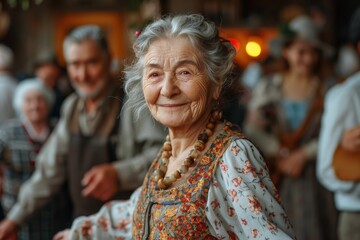 Senior woman's radiant smile and festive backdrop create an image of pure joy and celebration - obrazy, fototapety, plakaty