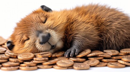  A porcupine slumbers on penny pile against white backdrop