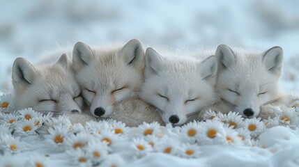  Three white foxes rest on daisy-topped field, heads nestled together