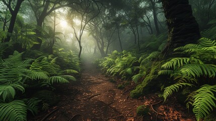  A winding woodland trail with lush vegetation on either side - obrazy, fototapety, plakaty