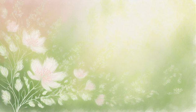 Beautiful green pastel springtime Easter background illustrated with aquarelle flowers. 