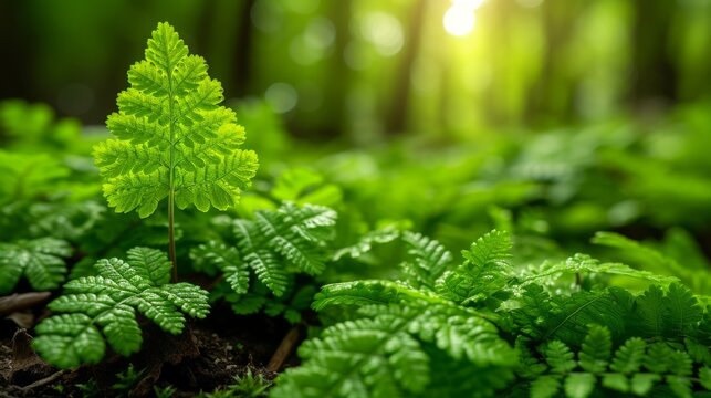  A focused image of a lush green plant within a woodland, bathed in sunlight filtering through the canopy