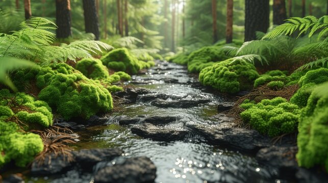  A lush green forest, dotted with tall trees and vibrant foliage, flows through the image Moss covers rocks as if in a harmony between nature
