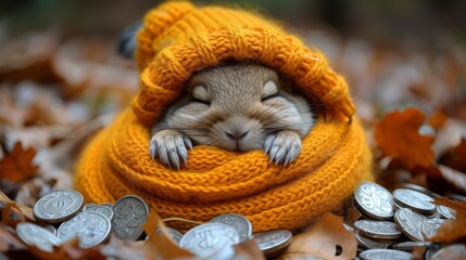  A small rodent in a yellow blanket among pennies and silver dimes - obrazy, fototapety, plakaty