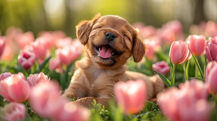  A puppy lies in a field of pink tulips with its mouth open and tongue hanging out - obrazy, fototapety, plakaty