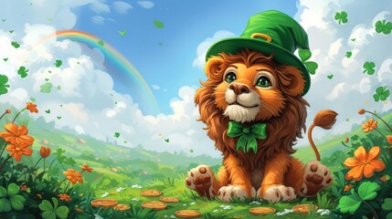  A majestic lion wearing a green hat and bow tie gracefully poses amidst a picturesque field of flowers, with a vibrant rainbow as the serene backdrop