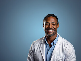 Portrait of confident mature male medical, doctor on blue background. African american man. 