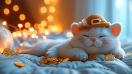 A cat wearing a hat on a gold coin-filled bed in a close-up