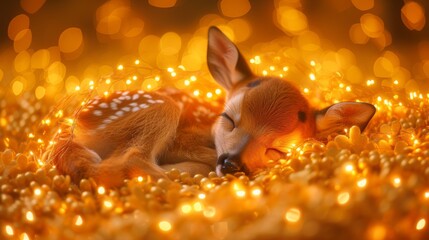  A small deer rests atop a golden bead mound against a hazy backdrop of radiant lights