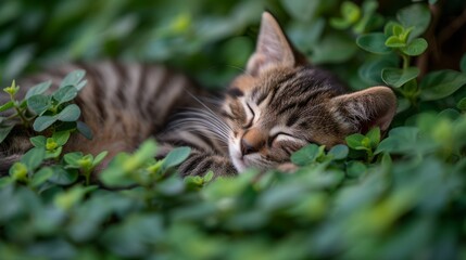  A feline slumbering within foliage, with shut eyelids and head inclined to the side