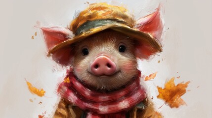 A pig in a hat and scarf, with two scarves around its neck