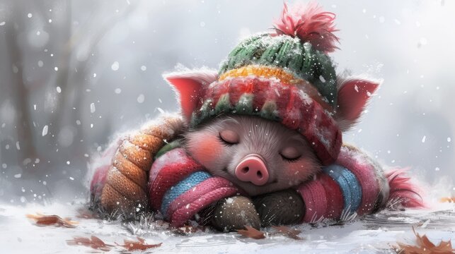  Painting depicts a pig donning a knitted hat & scarf, slumbering amidst leafy snow piles