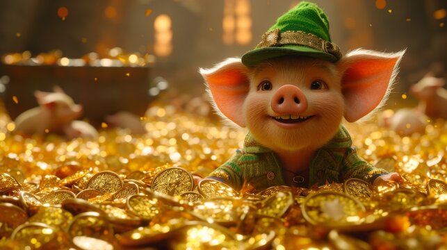  A pig wearing a green hat sits on top of a pile of gold coins in a scene from the movie 'The Little Pig'