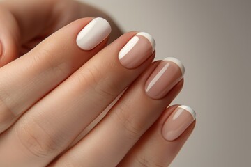 Classic French manicure on a delicate hand, exemplifying timeless beauty and neatness with perfect white tips and natural pink base - AI generated