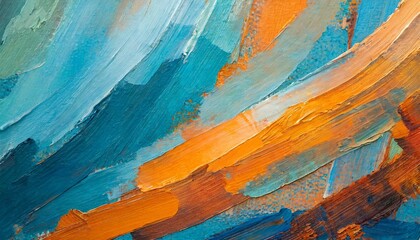 Closeup of abstract rough colorful blue orange complementary colors art painting texture background wallpaper, with oil or acrylic brushstroke waves, pallet knife paint on canvas