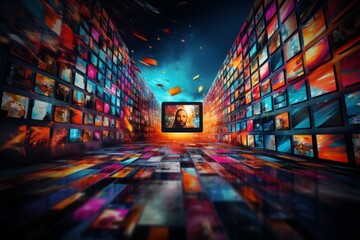 Abstract multimedia background with tv channels, web streaming, and video technology illustrations - obrazy, fototapety, plakaty