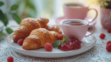  A platter with croissants, raspberries, and a coffee mug on a doily - obrazy, fototapety, plakaty