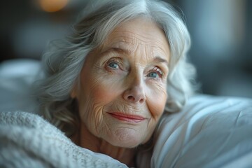 A graceful elderly woman with white hair displaying a soft, wise smile, embodying wisdom and timelessness - obrazy, fototapety, plakaty