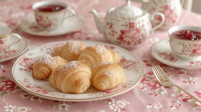  A white plate with croissants, a cup of tea, and a plate of croissants