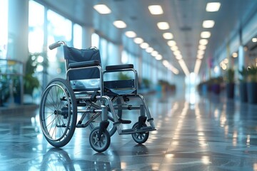 A polished wheelchair sits empty, suggesting a narrative of disability or absent user, in a bright, modern hospital or airport corridor - Powered by Adobe