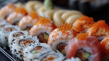  Sushi rolls on a metal tray, stacked with various sushi types