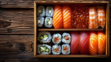  A wooden table holds two boxes of assorted sushi