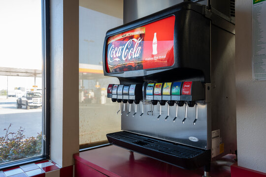 Corning, CA, USA - Mar 25, 2023: Closeup of a Coca-cola 10-flavor ice and beverage soda fountain machine seen at a Subway restaurant in the TA Travel Center in Corning, California.