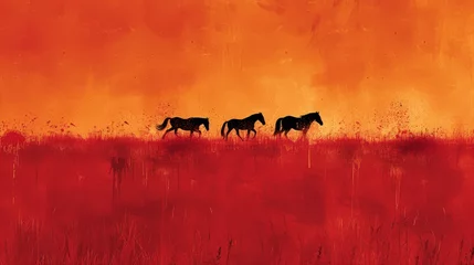Fototapeten  A trio of equines stroll amidst scarlet-orange meadow grass, beneath an orange heaven © Jevjenijs