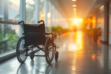 The sunset's golden hues cast a warm glow over an empty wheelchair, suggesting contemplation and the passage of time in a hospital setting