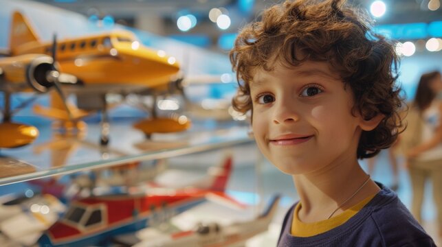 Young Boy Standing in Front of Model Airplane