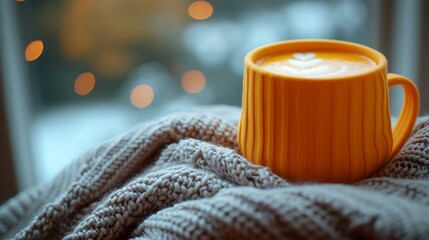  A cup resting atop a blanket, window-sided and nestled beside the sill