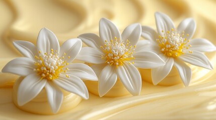  Three white flowers sit atop a yellow table against a yellow and white wavy backdrop