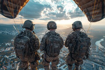 Elite military soldiers in full gear preparing for a mission in hot air balloons over a picturesque city at sunset - obrazy, fototapety, plakaty