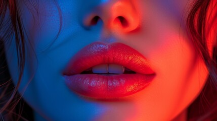  Close-up photo of female face, lips lit in red and blue, contrasting red-blue background