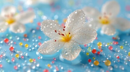  A macro shot of a white bloom with water droplets on a blue background featuring colorful confetti