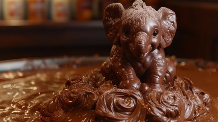  A close-up of a chocolate cake featuring an elephant figurine in the center of the chocolate frosting - obrazy, fototapety, plakaty