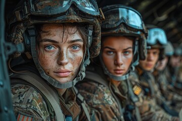 A line of female soldiers showing resolve and focus with tactical gear and helmets, exemplifying military unity and strength - obrazy, fototapety, plakaty