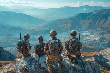 Squad of soldiers with backpacks pausing to observe vast mountainous terrain from a high vantage...