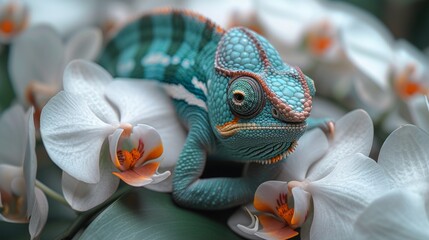   a chameleon perched on top of a vividly colored flower against a clean white background