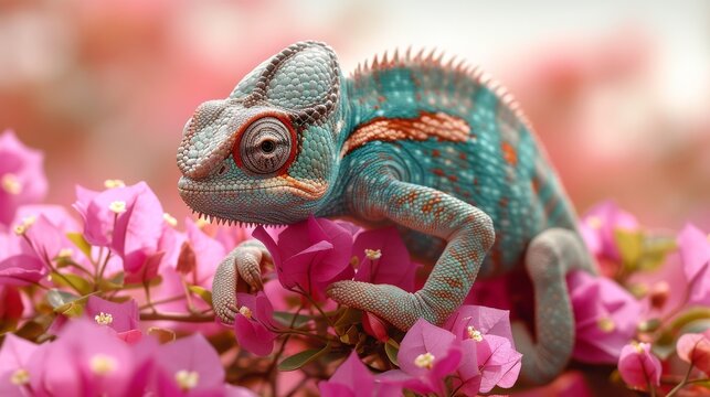  A zoomed-in image of a chameleon perched on a tree branch adorned with pink blossoms