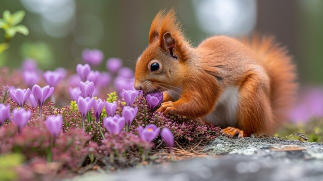  Squirrel on rock with purple flowers in foreground and trees in background