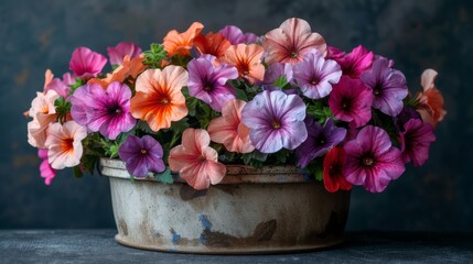  A close-up photo of a potted plant with pink and orange petunias filling the container's center - obrazy, fototapety, plakaty