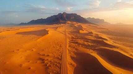 Fototapeta na wymiar Vehicle trails on sand, desert road, sunset sky