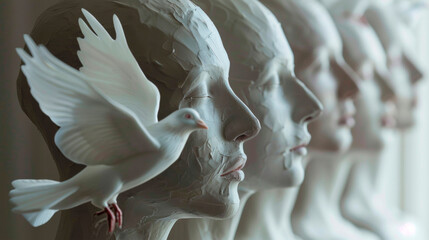 A row of statues depicting people standing with doves perched on their heads. Feelings of loneliness and depression. Closure. Introvert. Social adaptation. Banner. Copy space - obrazy, fototapety, plakaty