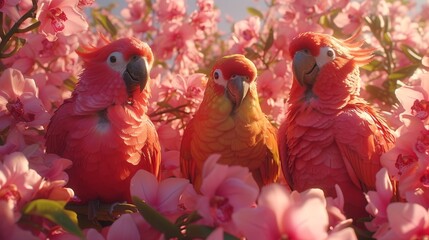  A trio of red parrots perched atop a tree brimming with pink blossoms, adjacent to one another