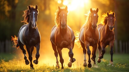  three horses running in sunlight, trees in background - obrazy, fototapety, plakaty