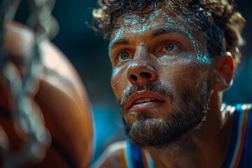 Close-up of an intensely focused basketball player during a game, showing determination and athleticism - obrazy, fototapety, plakaty