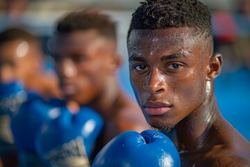 A young boxer portrayed with a focused expression and blue boxing gloves, reflecting dedication and strength - obrazy, fototapety, plakaty