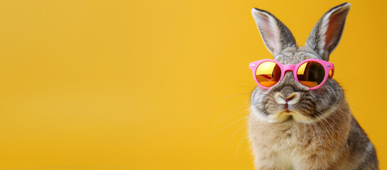 A Comical Easter Bunny Rabbit Flaunting Stylish Sunglasses on a Vibrant Orange Backdrop
